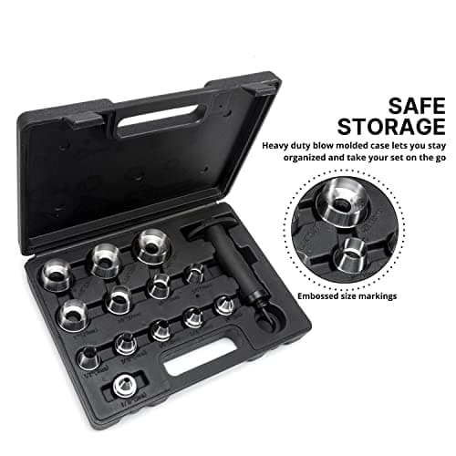 NEIKO 02604A Hole Punch Set | SAE & Metric, 3/16” – 1-3/8” & 5 – 35mm | 14 Piece Sharp Hollow Hole Punch Kit, Gasket Cutting Puncher, Foam Cutter, & Leather Hole Punches | 6” Interchangeable 5