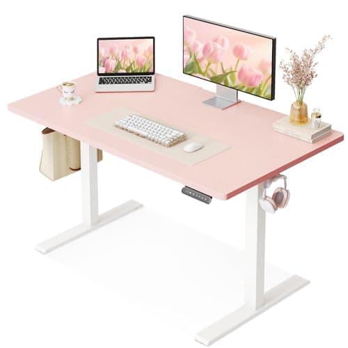OffiGo Electric Height Adjustable Standing Desk, 40 Inch Pink Computer Desk for Women Girls, Sit Stand Table for Home, Office, Bedroom