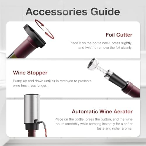 BABONIR 7-in-1 Electric Wine Opener Gift Set, Stainless Steel Automatic Corkscrew with Automatic Aerator Pourer, 2 Vacuum Stoppers, Foil Cutter, Storage Base Rechargeable Corkscrew Kit for Wine Lovers 5
