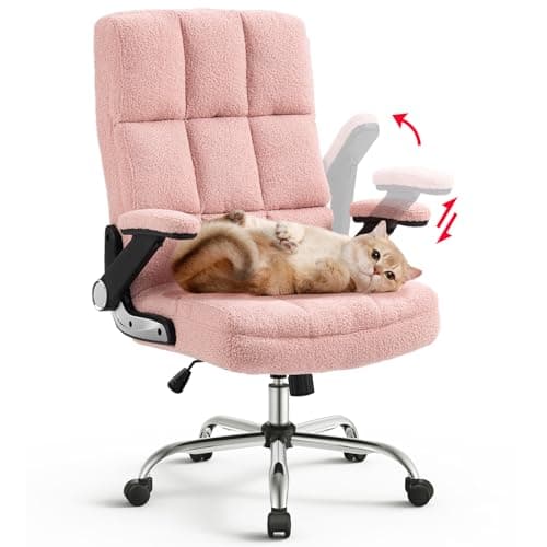 SEATZONE Pink Computer Desk Faux Fur Home Office Chair with Swivel Comfy Adjustable Tilt and Flip-up Armrest Comfy Thick Padding Ergonomic