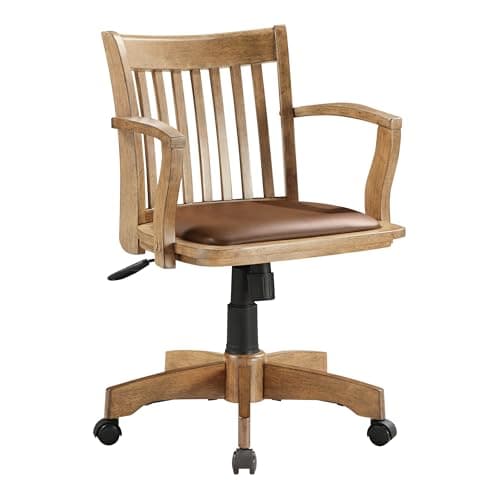 OSP Home Furnishings Deluxe Wood Banker's Desk Chair with Padded Seat, Adjustable Height and Locking Tilt, Fruitwood Finish and Brown Vinyl