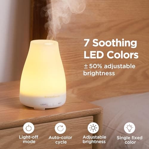 InnoGear Essential Oil Diffuser, Ultrasonic Diffusers for Home Aromatherapy Humidifier for Bedroom Room 7 Colors LED 2 Mist Mode Auto Off, Basic White 6