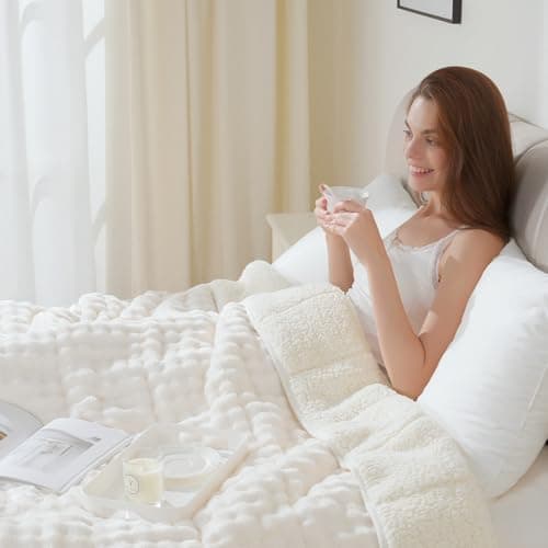 Lessymo Weighted Blanket 15lbs for Adults, Bubble Faux Fur Sherpa Fleece Weighted Blankets for Sleep and Calming, Warm Fuzzy Plush Heavy Blanket for Twin Size Bed, Washable, 48"x72", Cream White
