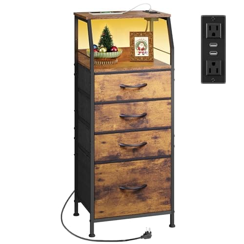WLIVE 4 Drawer Dresser for Bedroom, 37" H Nightstand with Charging Station and Led Light, Tall Night Stand Bed Side Table, End Table with USB Ports and Outlets, Fabric Bins, Wood Shelf, Rustic Brown