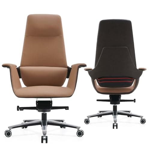 FurniBaron Genuine Leather Executive Chair, Top Grain Ergonomic High Back Office Chair with Lumbar Support, Height Adjustable 400lbs Weight Capacity Metal Base with 360° Flexible Wheels (Brown-2)