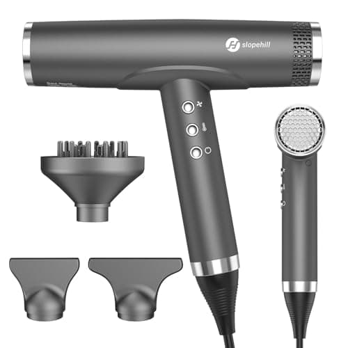 slopehill Professional Ionic Hair Dryer with Diffuser - Lightweight, Compact, Powerful & Fast Salon Blow Dryer with High Speed Brushless Motor for Travel, Women & Men (Ceramic, Dark)