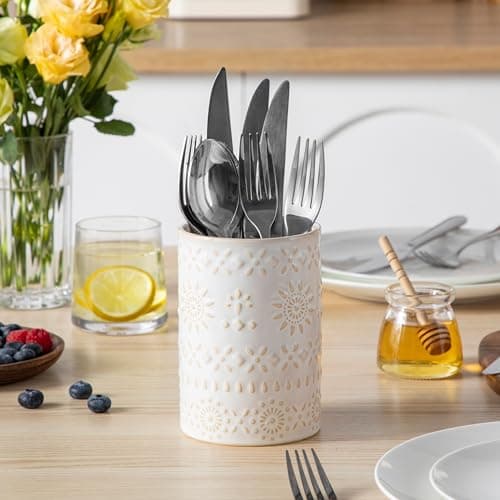 LOVECASA Utensil Holder, 7.2"+5.4" Ceramic Utensil Holder for Countertop, Large Cooking Utensil Crocks for Kitchen Counter, Farmhouse Utensil Vase for Housewarming, Kitchen Decor, Set of 2, Oasis 7