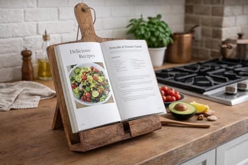Christmas Cooking Gift Wooden Cookbook Stand Chopping Board Style Foldable Recipe Book Stand Holder Easel for Kitchen Text Book Tablet L 9.5 x B 1.5 x H 14 inches (Brown) 5