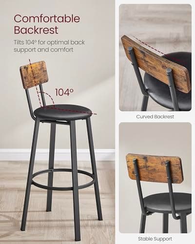 VASAGLE Bar Stools, Set of 2 PU Upholstered Breakfast Stools, 29.7 Inches Barstools with Back and Footrest, Simple Assembly, for Dining Room Kitchen Counter Bar, Rustic Brown and Black ULBC069B81 8