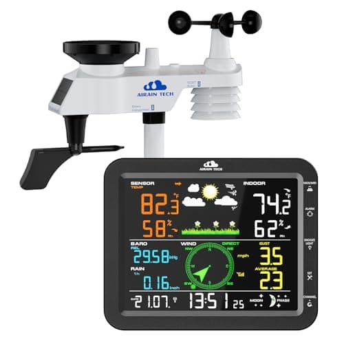 AIRAIN TECH 10-in-1 Wireless Weather Station with Outdoor Wireless Sensor,Radio Controlled Clock,Rain Gauge,Wind Speed/Direction,Moon Phase, Barometer,Temperature/Humidity,Weather Forecast (NO WiFi)