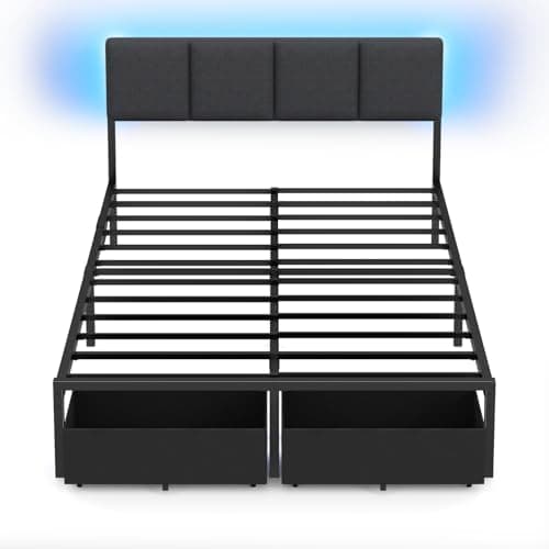 Furnulem Full Size Bed Frame with Headboard, Upholstered Full Bed Frame with LED Light, USB Charging Station, Platform Bedframe with 2 Fabric Underbed Storage Drawers, No Spring Box Needed 9