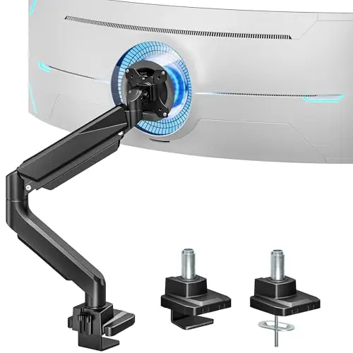 ARES WING Ultrawide Monitor Arm, Heavy Duty Single Monitor Mount for 13"-49" Curved Screens, Adjustable Stand for Desk with C-clamp & Grommet Base up to 40 LBS, Black