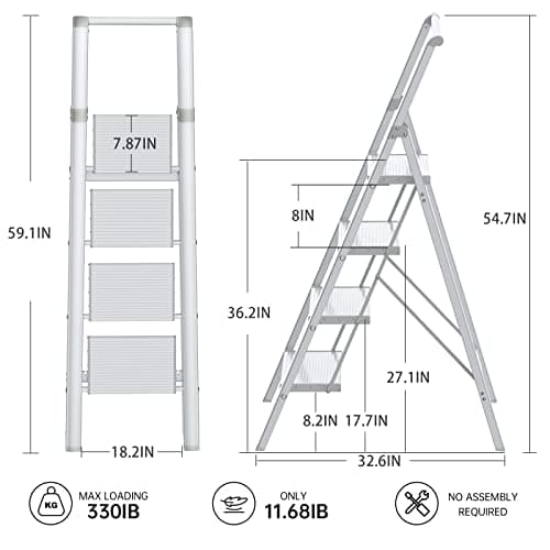 Step Ladder Folding Step Stool - Lightweight Aluminium Ladders W/Anti-Slip Wide Pedal&Handle for Adults&Seniors, Perfect for Home Kitchen Garden Safety Decorative Ladder, Silver 2