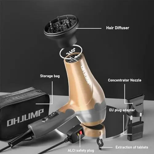 OHJUMP Travel Hair Dryer Blow Dryer with Diffuser, Portable Small Dual Voltage Compact Hairdryer, EU Plug, 1875W Powerful Fast Dry, Folding Handle, Diffuser Hair Dryer Rose Gold 6
