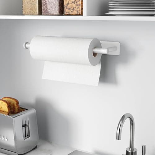 Paper Towel Holder - Self-Adhesive or Drilling, White, Wall Mounted, SUS304 Stainless Steel Kitchen Roll Dispenser Under Cabinet 7