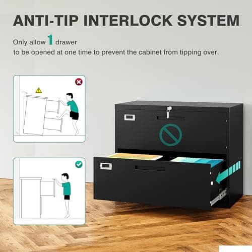 SISESOL 2 Drawer Lateral File Cabinet with Lock,Black Lateral Filing Cabinet,Horizontal Metal Filing Cabinet,Locked Wide Two Drawer File Cabinet for Office Home,Fit A4/F4/Letter/Legal File 7