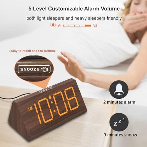 DreamSky Wooden Digital Alarm Clocks for Bedrooms - Electric Desk Clock with Large Numbers, USB Port, Loud Alarm for Heavy Sleepers, Adjustable Volume, Dimmer, Snooze, DST, Wood Décor, Adapter Powered 6