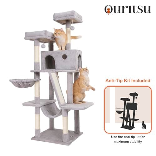 Ouritsu Cat Tree, 61 inch Tall Cat Tower for Large Cat Indoor, Enlarged Condo, 2 Padded Perches with 1 Widened, Large Hammock, Scratching Post and ramp, Fluffy Basket, Light Gray, LF002GA 8
