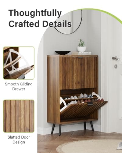 Smart FENDEE Fluted Shoe Storage for Entryway, Walnut Hidden Cabinet with Metal Legs, Organizer with Flip Doors, Slim Entryway Storage 5