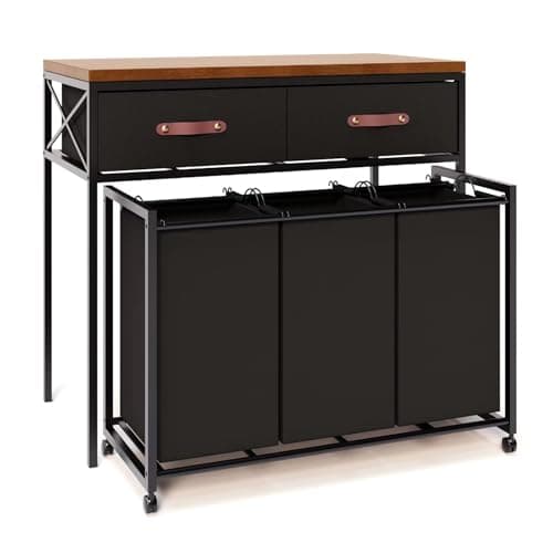 CJWD Rolling Laundry Basket Organizer on Wheels, Laundry Sorter Hamper 3 Section with Wheels Shelf and 2 Drawers, Rustic Brown and Black