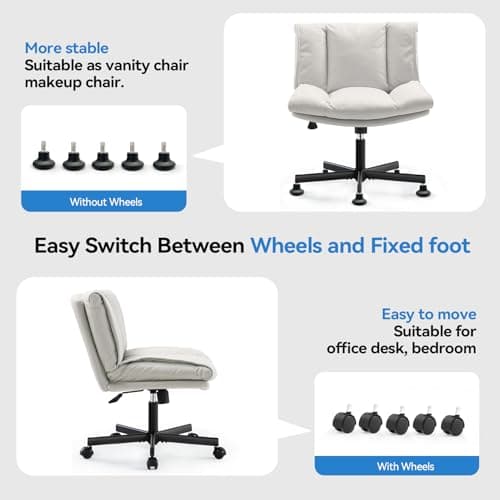 LEAGOO Criss Cross Chair with Wheels, Comfy Armless Desk Chairs with Tech Fabric, Wide Seat Cross Legged Office Chair, Height Adjustable Swivel Computer Task Chairs for Home Office, Bedroom, Make up 4
