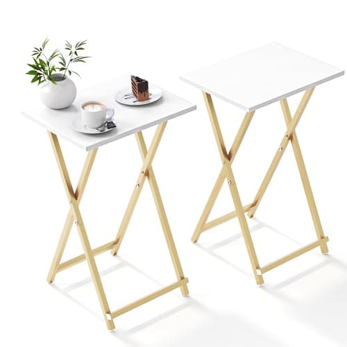 Acovy Foldable TV Trays, Small Folding Table, TV Trays Set of 2, TV Dinner Tray, Side Table for Bed, Couch, Portable Easy to Move, White & Gold