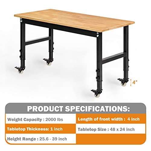 Betterhood 48" Heavy-Duty Adjustable Workbench for Garage, Rubber Wood Shop Table W/Metal Wheels, Hardwood Workstation Weight Capacity Over 2000 Lbs with Wheels 6