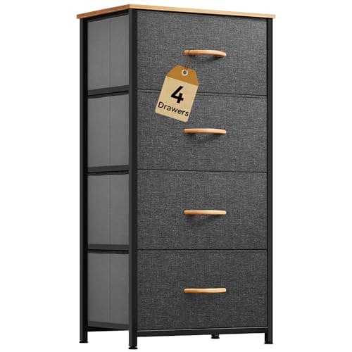 DWVO 4 Drawers Dresser, Small Dresser for Bedroom, Fabric Storage Tower, Chest of Drawers, Organizer Unit for Closets, Living Room, Sturdy Steel Frame, Wooden Top, Easy Pull Handle