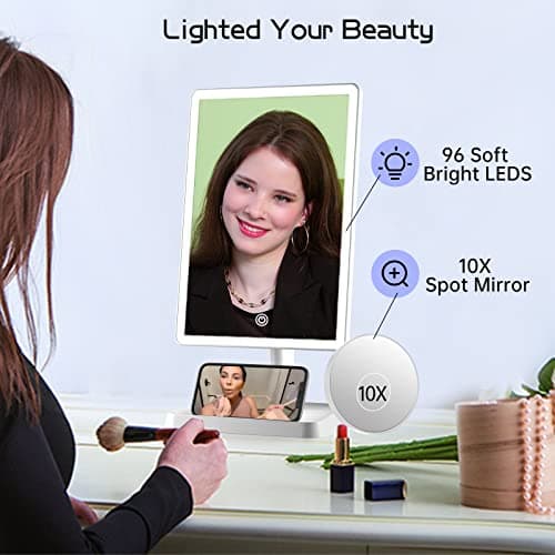 FUNTOUCH Large Makeup Vanity Mirror with Lights, Rechargeable Lighted Desk Makeup Mirror with 96 LED Lights and 10x Magnifying Mirror, 3 Color Lighting, Light up Make up Mirror with Phone Holder 7