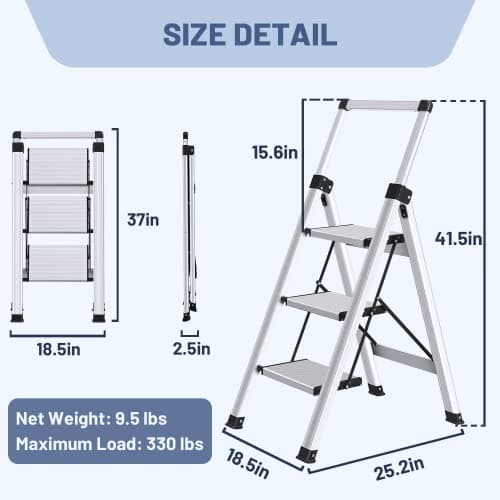 XinSunho 3 Step Ladder, Retractable Handgrip Folding Step Stool Ladders with Anti-Slip Wide Pedal, Aluminum 3 Steps, 330lbs Safety Household Ladder 6