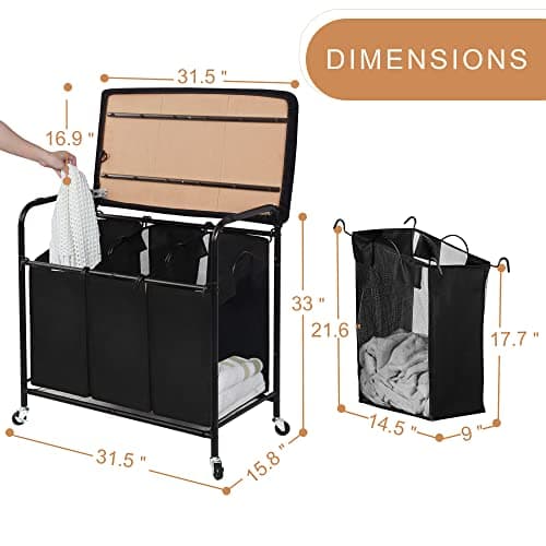 STORAGE MANIAC 3-Section Laundry Sorter with Foldable Ironing Board, Heavy-Duty Rolling Laundry Cart with and Removable Bags, Triple Laundry Hamper with Wheels, Matte Black 6
