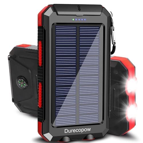 Durecopow Solar Charger Power Bank, 8000mAh Portable Outdoor Waterproof Solar Battery Charger, Camping External Backup Battery Pack USB C Ports Input/Output, 2 Led Light Flashlight with Compass (Red)