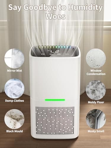 Dehumidifier, 60 OZ Water Tank, Dehumidifiers for Home, 60 OZ Portable Dehumidifiers for Home up to 500 Sq.Ft, 7 Color LED Light for Bedroom, Bathroom, Basement (White) 6