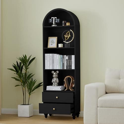 UHMUVFM 75.6" Tall Arched Cabinet, 4-Tier Arched Bookcase with Drawer and Shelves, Accent Display Cabinet with 2 Drawer Storage for Living Room, Reading Room and Bedroom (Black)
