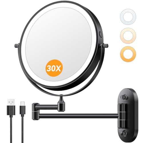 Auxmir 1X/30X Wall Mounted Lighted Makeup Mirror, 8" Rechargeable Double-Sided Magnifying Mirror with Light, Touch Dimmable 3 Color Light, 360° Rotation Foldable Extended Arm, Black