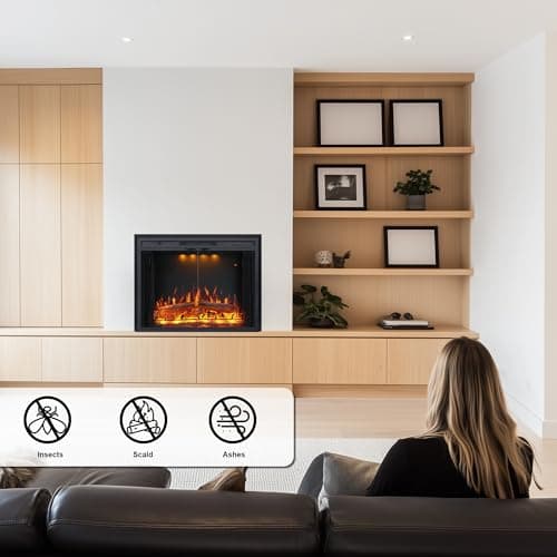 Valuxhome 35.63” W 27.5" H Electric Fireplace Insert with Low/High Temperature Settings, Movable Mesh Screen and Glass Door, 1-9H Timer, Remote and Panel Control 7