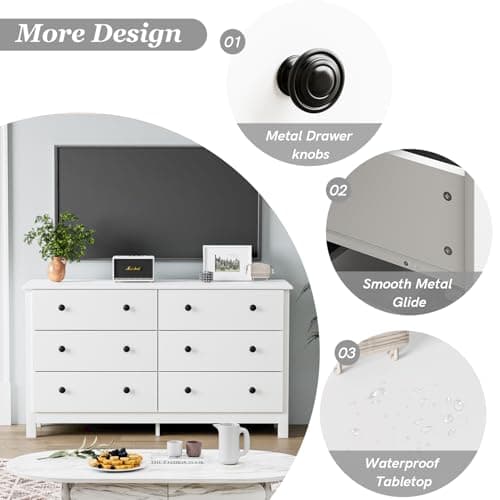 HOUROM White Dresser, Modern 6 Drawer Double Dresser for Bedroom with Black Knobs, Adults & Kids Wide Dressers & Chests of Drawers for Hallway, Entryway 5