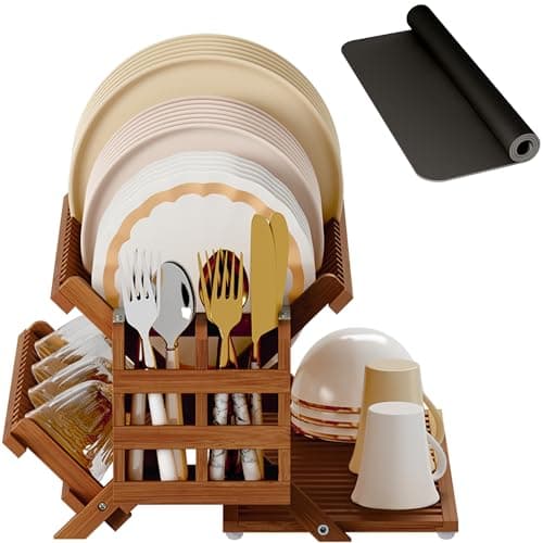 Greenual Teak Dish Drying Rack with Utensil Holder, 3 Tier Collapsible Dish Rack, Wooden Dish Racks for Kitchen Counter, Large Folding Drying Holder with Absorbent Dish Drying Mat