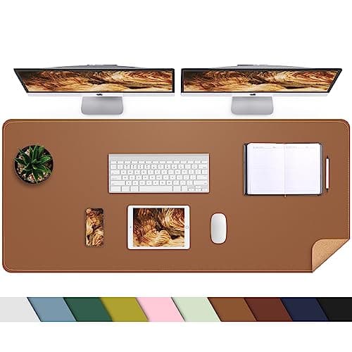 Leather Desk pad Protector, Large Desk mat with Natural Cork & PU Leather,Mouse pad,Non-Slip Office Desk Mat,Waterproof Desk Writing Pad for Office and Home (47in*17in, Brown)