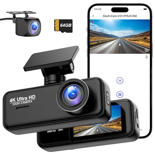 Penemay Dash Cam Front and Rear 4K+1080P with WiFi & App, Dual Car Camera, 64GB Card Included, 24/7 Parking Mode, G-Sensor, Loop Recording, 1.97" Display Screen