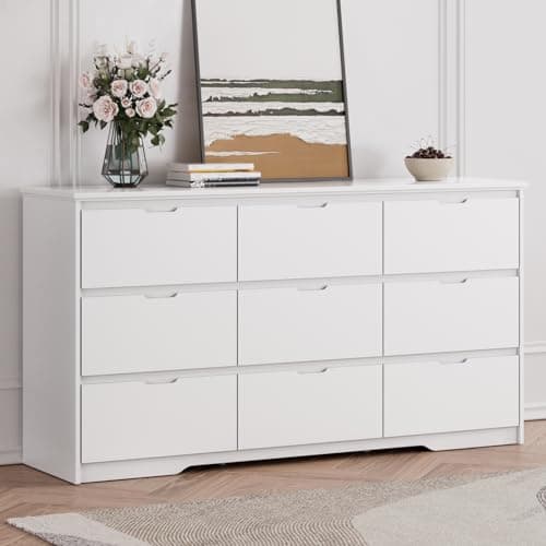 RESOM® White Dresser for Bedroom with 9 Drawer, 59" Large Wood Dresser with Hidden Handle, Modern Chest of Deep Drawers for Living Room, Home Office, Entryway