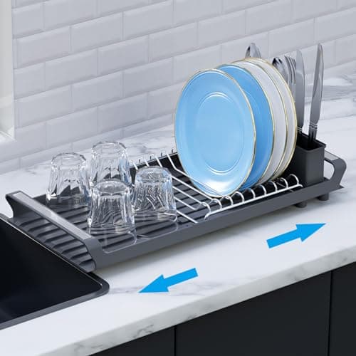 TOOCA BEAR Expandable Small Dish Drying Rack Dish Racks for Kitchen Countertop Compact Dish Drainer with Removable Cutlery Holder Dish Racks for Sink,Grey