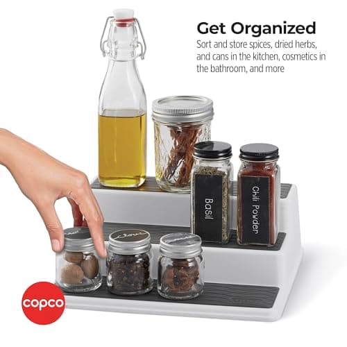 Copco Non-Skid 3-Tier Spice Rack Organizer for Cabinet - 10 Inch Kitchen Pantry Organizer with Raised Rims, White and Gray Step Shelf for Spices, Cans, Jars - Easy Clean Storage Solution 8