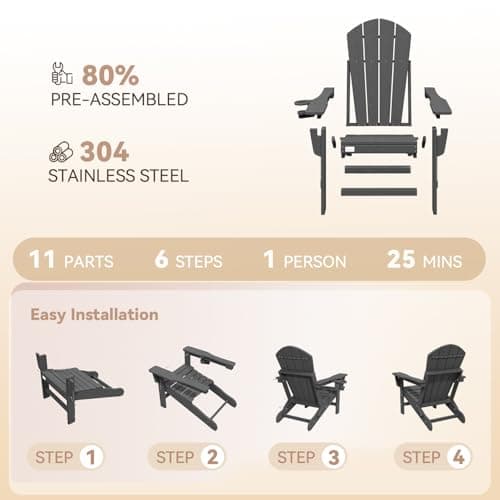 Mdeam 3-Position Adjustable Adirondack Chairs Set of 4, 400LBS Capacity, Cup Holder, Wooden Textured, All-Weather HDPE Folding Fire Pit Outdoor Chairs for Poolside Deck Patio Garden Yard Lawn - Grey 7