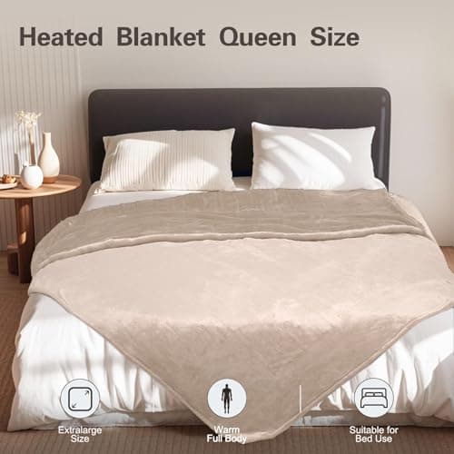 Tefici Electric Heated Blanket Queen Size, Dual Control Super Cozy Soft 2-Layer Flannel 84" x90" Heating Blanket with 3 Heat Levels & 8 Hours Auto Off,ETL&FCC Certified,Home Office Use,Camel 7