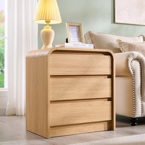 Aitjunz 25" Tall Modern Nightstand with Charging Station, 23.6'' Wide Wood Bedside Table w/3 Storage Drawers, Small Dresser w/Curved Profile Design, End Table for Bedroom, Natural Oak
