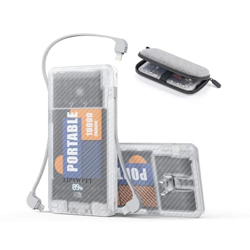 LIPSWEET Portable Power Bank, Slim10000mAh Portable Charger, 20W USB C External Battery Pack with Built-in AC Wall Plug, Three Cables Compatible with iPhone Tablet Smartphone and More (Transparent)