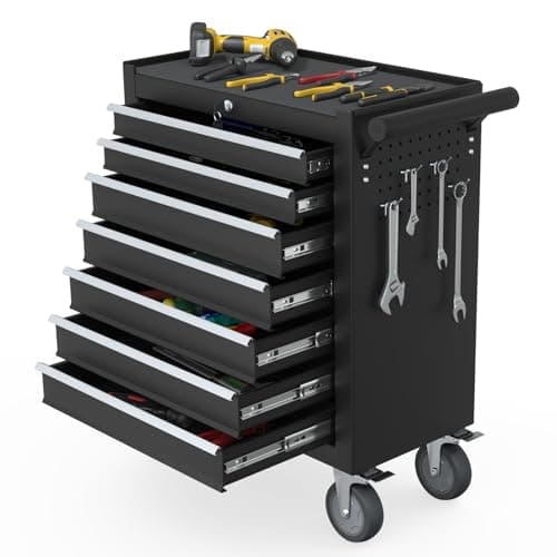 Granper 7-Drawer Rolling Tool Chest, Tool Box with 4 Wheels and Drawers, High Capacity Detachable Mobile Tool Storage Cabinet for Garage, Workshop, Mechanics and Repair Room (Black)