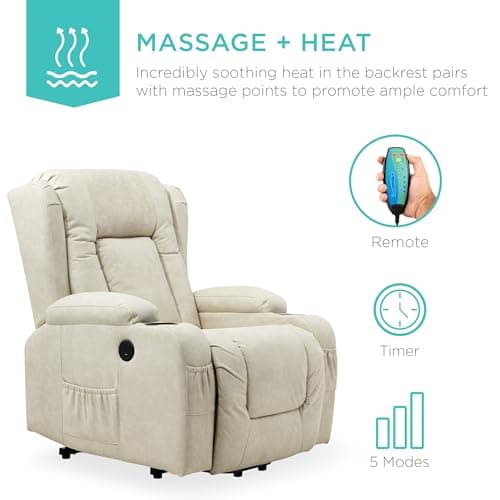 Best Choice Products PU Leather Electric Power Lift Chair, Recliner Massage Chair, Adjustable Furniture for Back, Legs w/ 3 Positions, USB Port, Heat, Cupholders, Easy-to-Reach Side Button - Beige 5