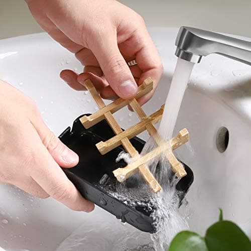 Fufengz Bamboo Wooden Soap Dishes for Shower with Drainage for Bathroom Bar Soap Holder Soap Holder Sink Deck Bathtub Shower Tray (One Pieces Black) 5